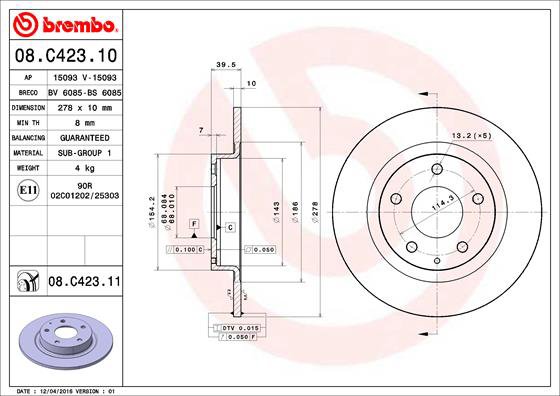 BREMBO brzdový kotúč 08.C423.11, sada 2 ks
