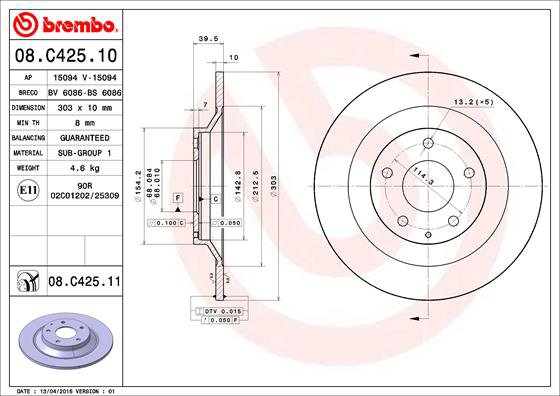 BREMBO brzdový kotúč 08.C425.11, súprava 2 ks