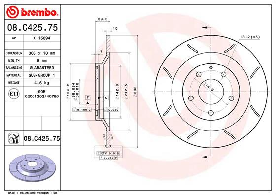 BREMBO brzdový kotúč 08.C425.75, súprava 2 ks