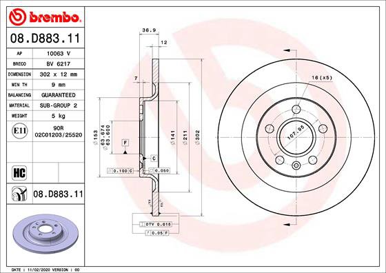 BREMBO brzdový kotúč 08.D883.11, súprava 2 ks