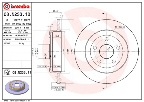BREMBO brzdový kotúč 08.N233.11, súprava 2 ks