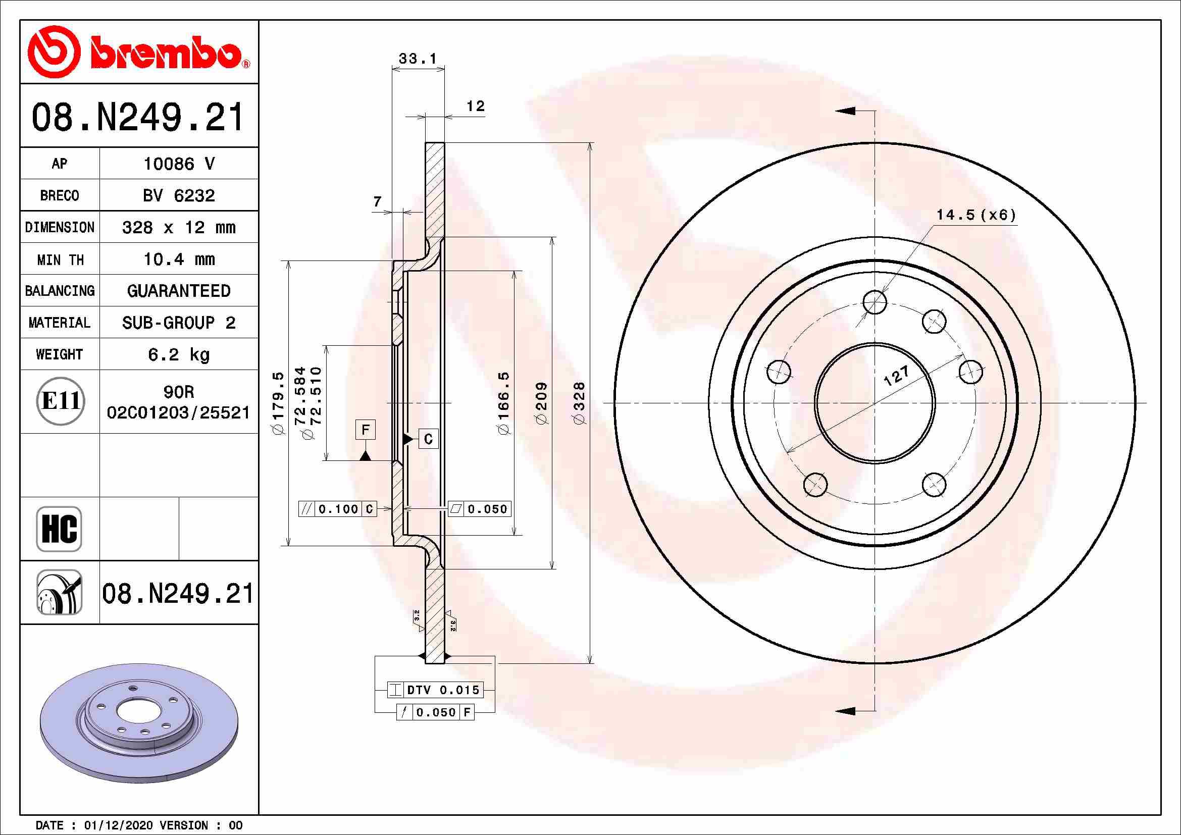 BREMBO brzdový kotúč 08.N249.21, súprava 2 ks