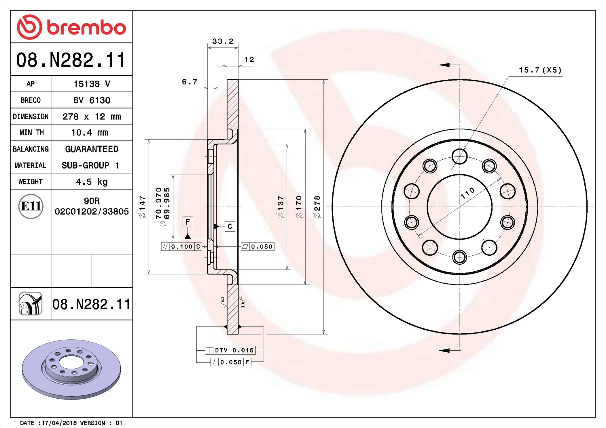 BREMBO brzdový kotúč 08.N282.11, súprava 2 ks