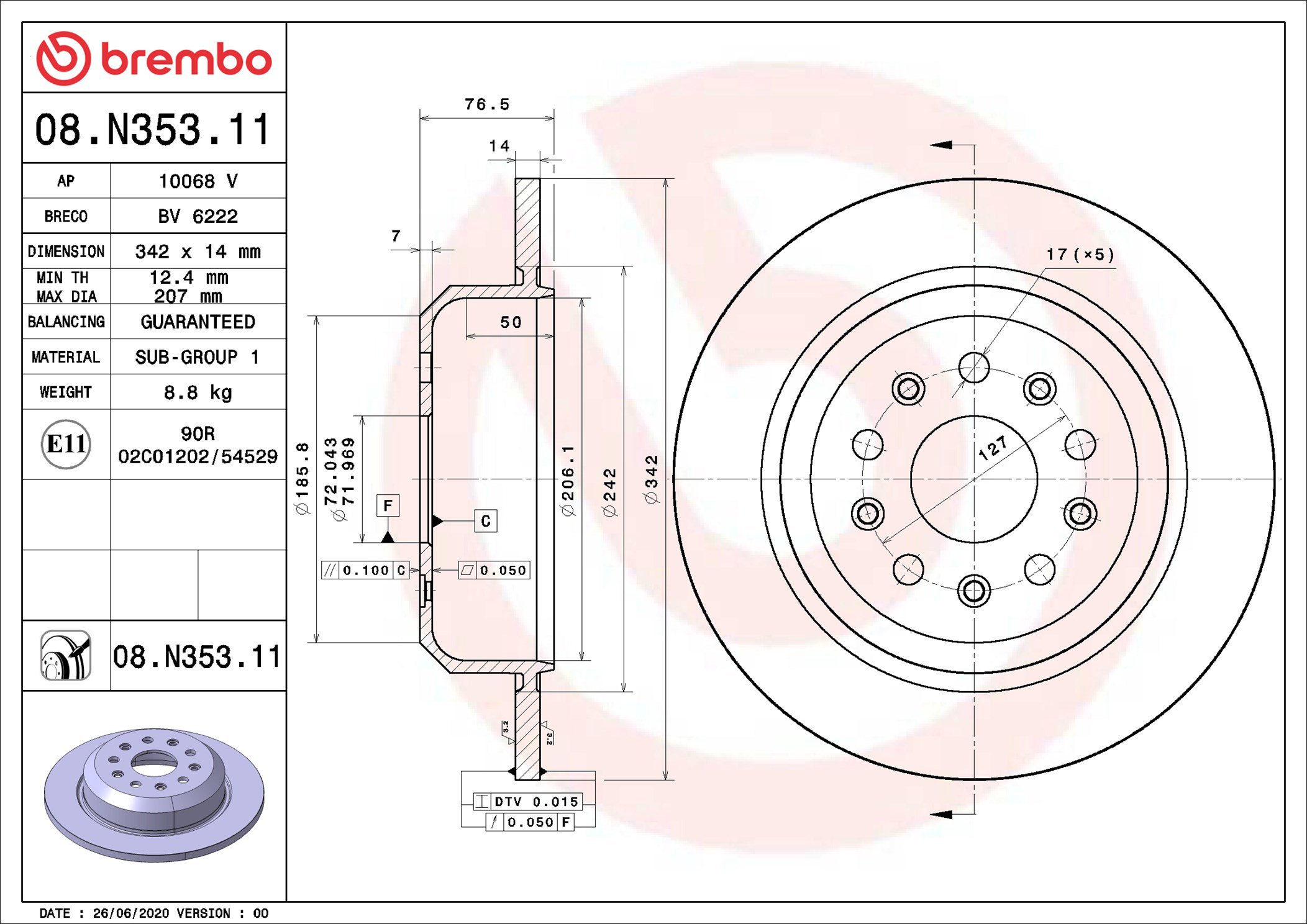 BREMBO brzdový kotúč 08.N353.11, súprava 2 ks