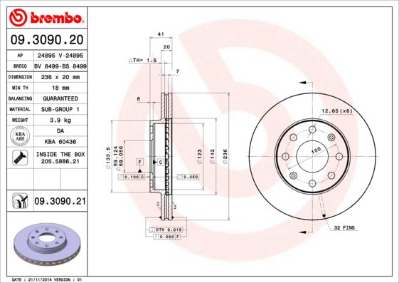BREMBO brzdový kotúč 09.3090.21, súprava 2 ks
