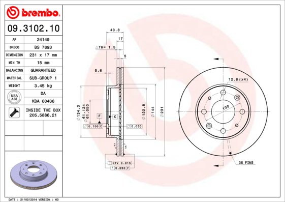 BREMBO brzdový kotúč 09.3102.10, súprava 2 ks