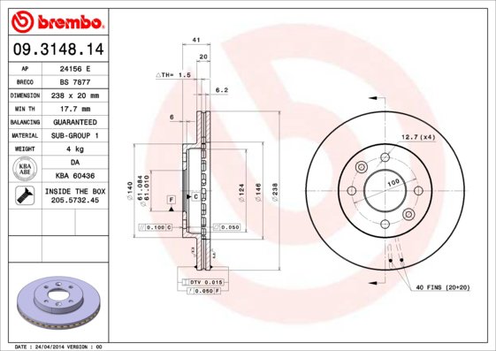 BREMBO brzdový kotúč 09.3148.14, súprava 2 ks