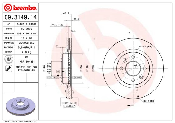 BREMBO brzdový kotúč 09.3149.14, súprava 2 ks