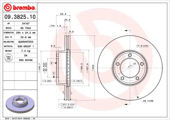 BREMBO brzdový kotúč 09.3825.10, súprava 2 ks