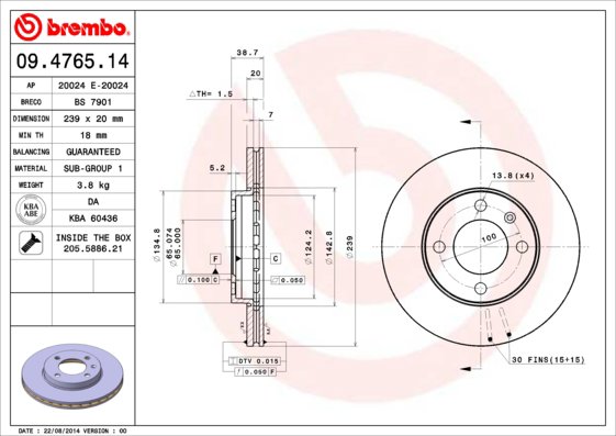 BREMBO brzdový kotúč 09.4765.14, súprava 2 ks