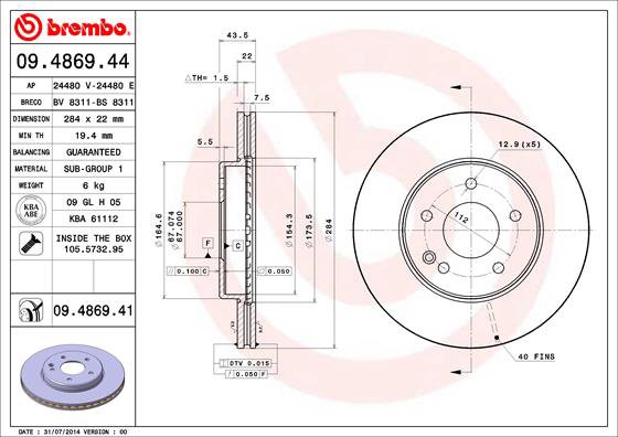 BREMBO brzdový kotúč 09.4869.41, súprava 2 ks