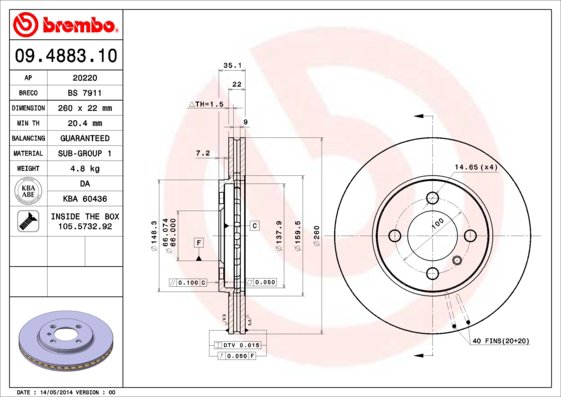 BREMBO brzdový kotúč 09.4883.10, súprava 2 ks