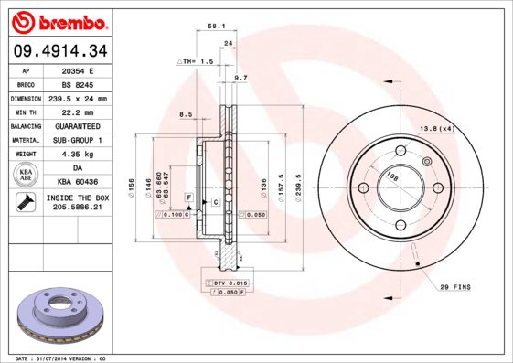 BREMBO brzdový kotúč 09.4914.34, súprava 2 ks