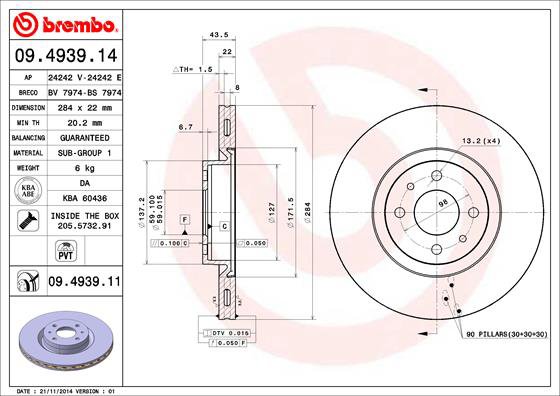 BREMBO brzdový kotúč 09.4939.11, súprava 2 ks
