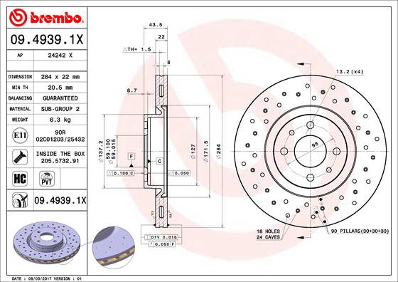 BREMBO brzdový kotúč 09.4939.1X, súprava 2 ks