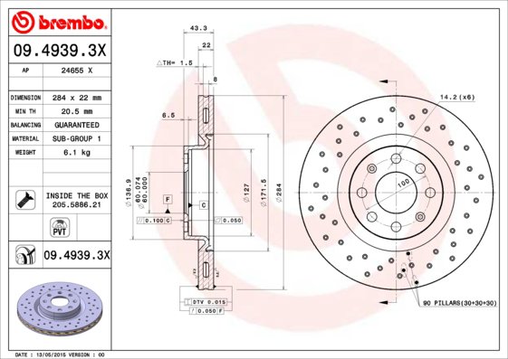 BREMBO brzdový kotúč 09.4939.3X, súprava 2 ks