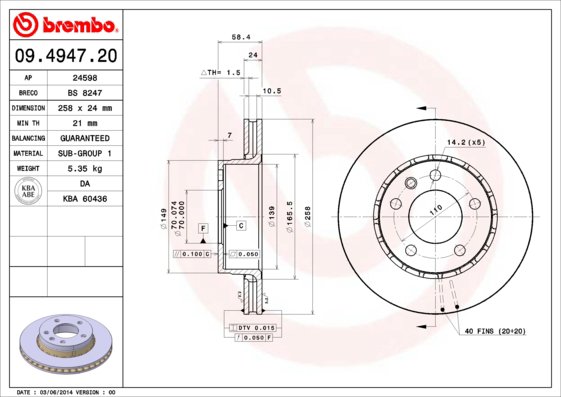 BREMBO brzdový kotúč 09.4947.20, súprava 2 ks