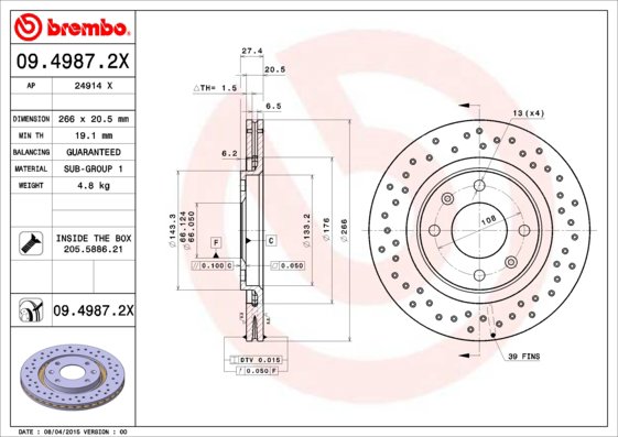 BREMBO brzdový kotúč 09.4987.2X, súprava 2 ks
