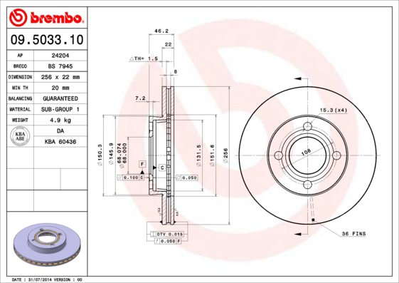BREMBO brzdový kotúč 09.5033.10, súprava 2 ks