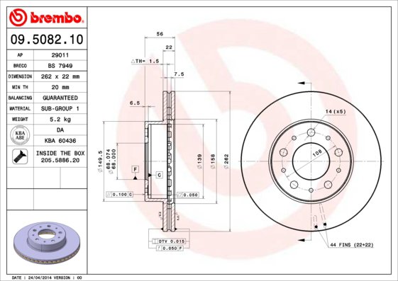 BREMBO brzdový kotúč 09.5082.10, súprava 2 ks