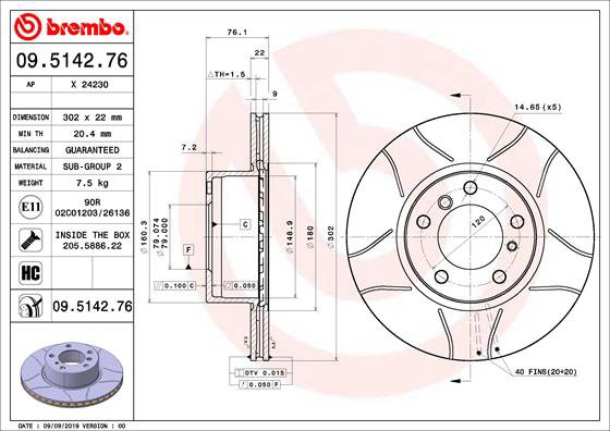 BREMBO brzdový kotúč 09.5142.76, súprava 2 ks