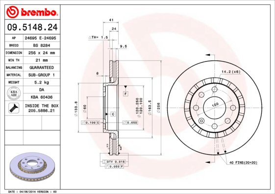 BREMBO brzdový kotúč 09.5148.24, súprava 2 ks