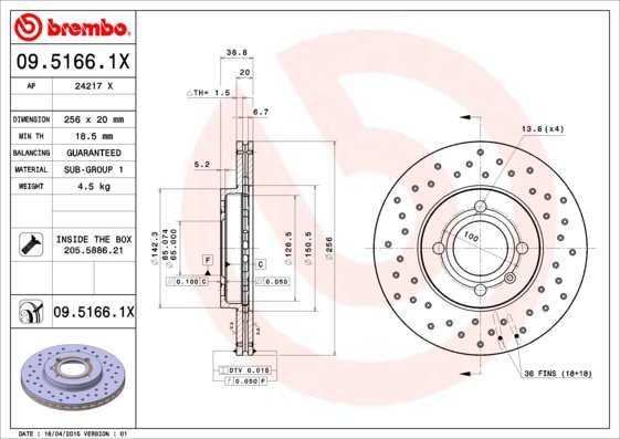 BREMBO brzdový kotúč 09.5166.1X, súprava 2 ks