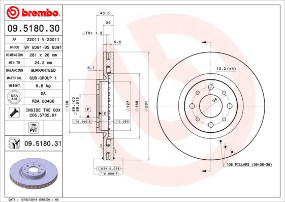 BREMBO brzdový kotúč 09.5180.31, súprava 2 ks
