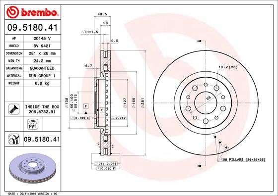 BREMBO brzdový kotúč 09.5180.41, súprava 2 ks