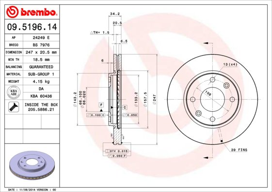 BREMBO brzdový kotúč 09.5196.11, súprava 2 ks