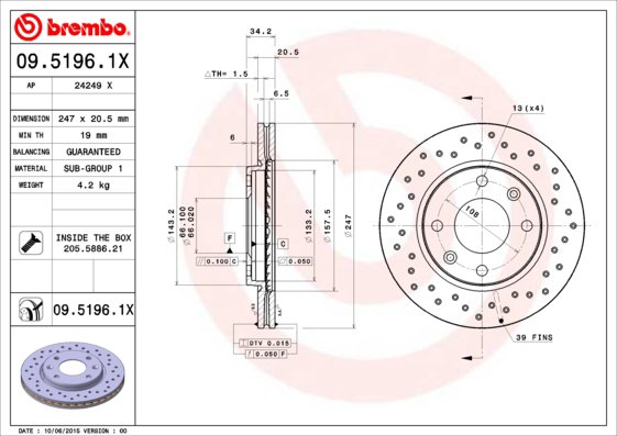 BREMBO brzdový kotúč 09.5196.1X, súprava 2 ks