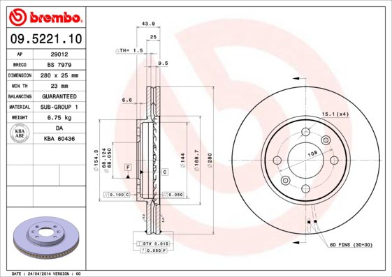 BREMBO brzdový kotúč 09.5221.10, súprava 2 ks