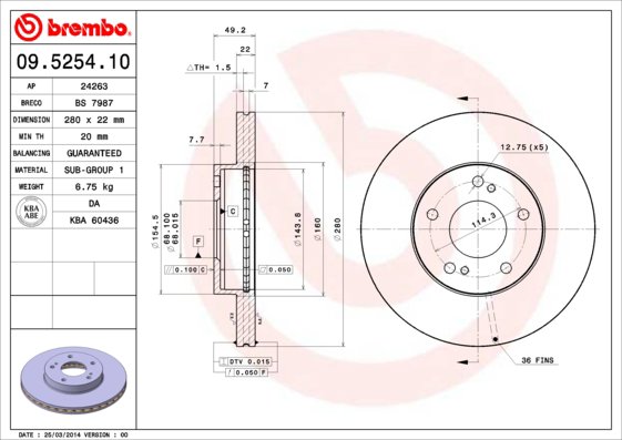 BREMBO brzdový kotúč 09.5254.10, súprava 2 ks