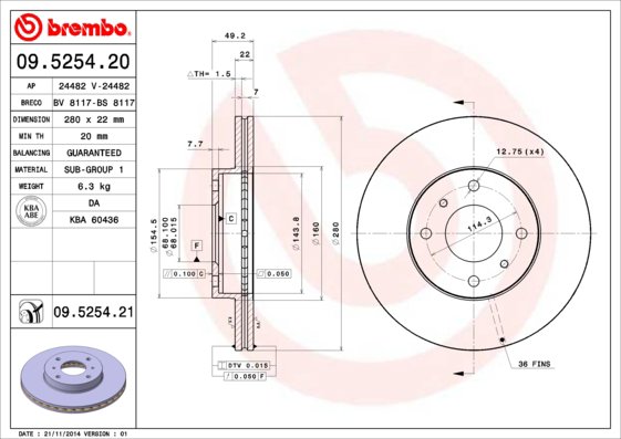 BREMBO brzdový kotúč 09.5254.21, súprava 2 ks