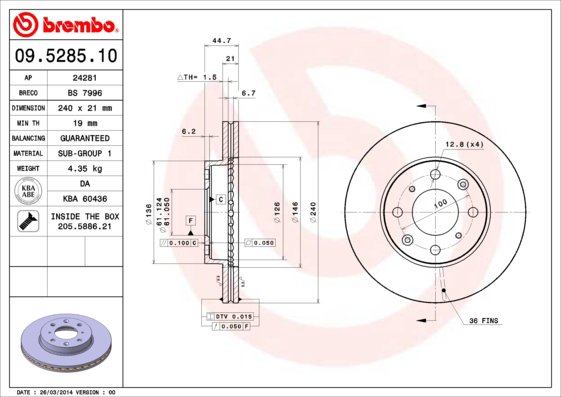 BREMBO brzdový kotúč 09.5285.11, súprava 2 ks