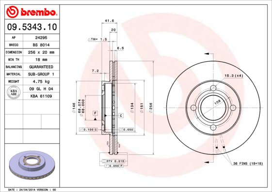 BREMBO brzdový kotúč 09.5343.10, súprava 2 ks