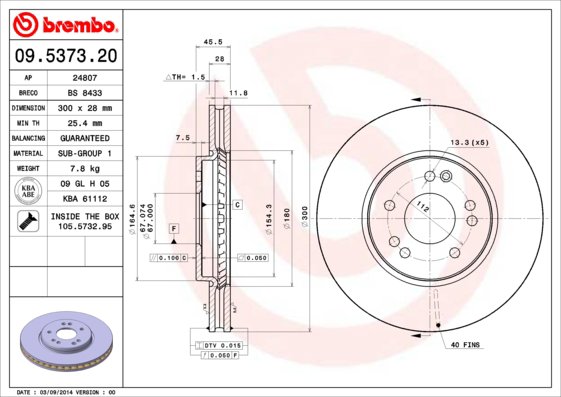 BREMBO brzdový kotúč 09.5373.20, súprava 2 ks
