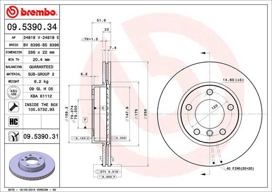 BREMBO brzdový kotúč 09.5390.31, súprava 2 ks