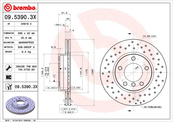 BREMBO brzdový kotúč 09.5390.3X, súprava 2 ks