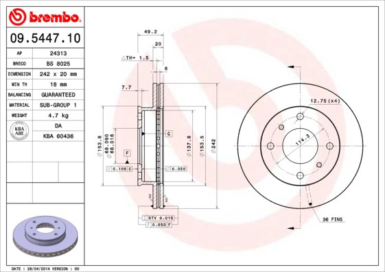 BREMBO brzdový kotúč 09.5447.10, súprava 2 ks