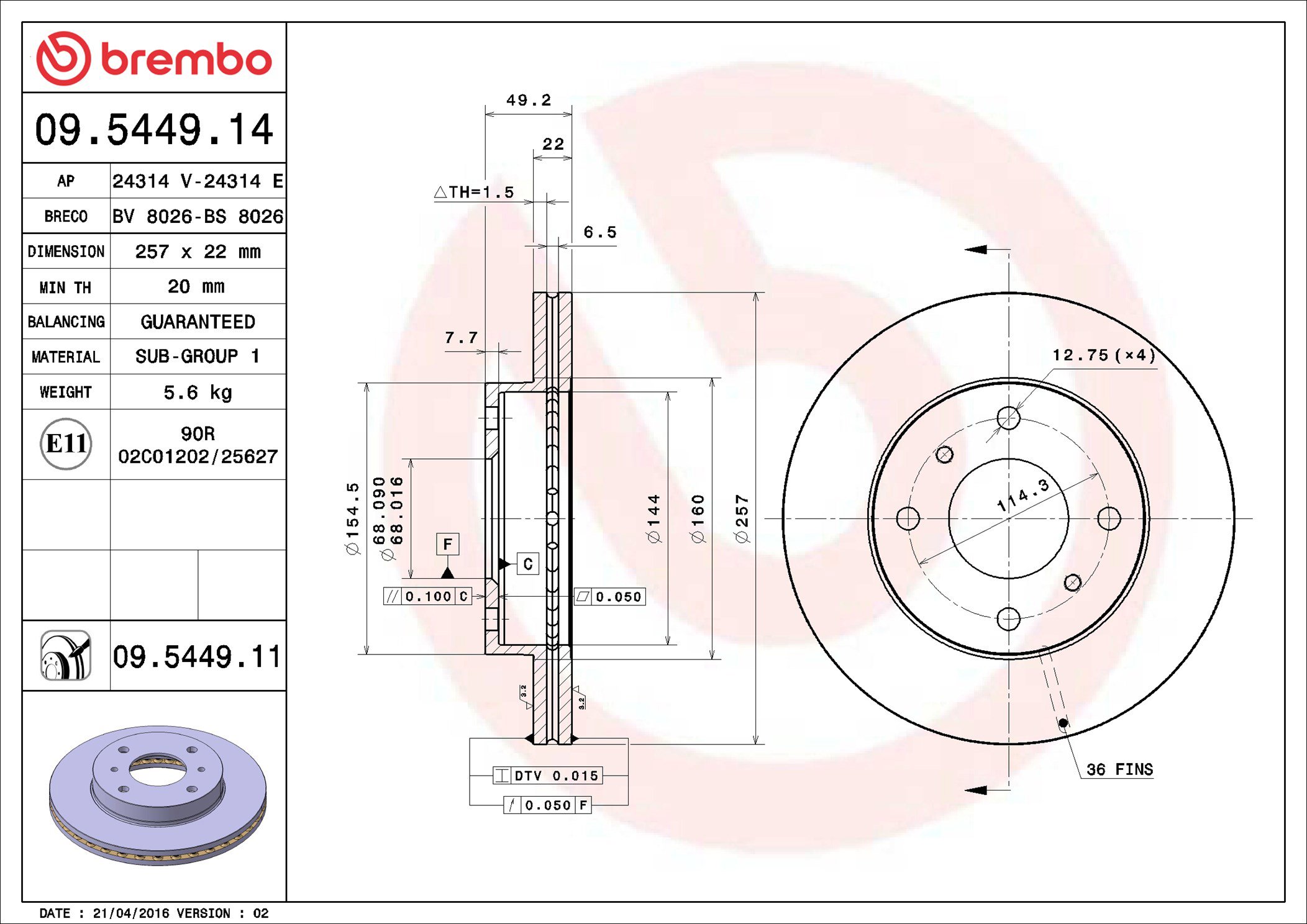 BREMBO brzdový kotúč 09.5449.11, súprava 2 ks