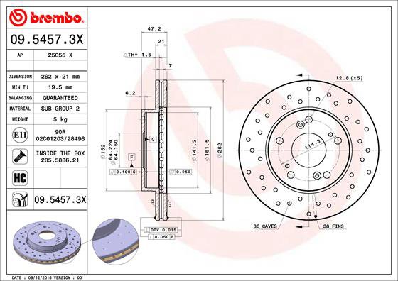 BREMBO brzdový kotúč 09.5457.3X, súprava 2 ks