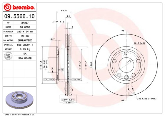 BREMBO brzdový kotúč 09.5566.10, súprava 2 ks