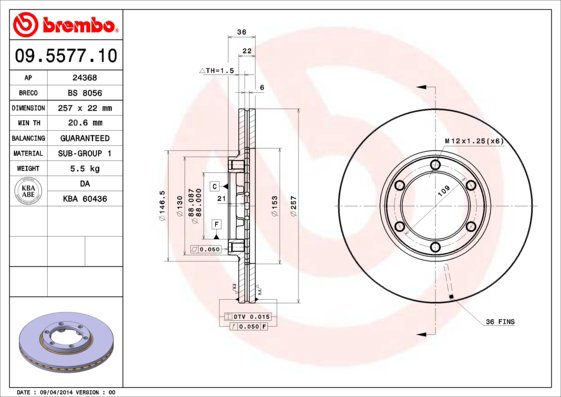 BREMBO brzdový kotúč 09.5577.10, súprava 2 ks