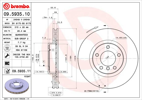 BREMBO brzdový kotúč 09.5935.11, súprava 2 ks