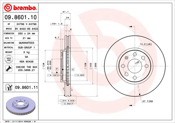 BREMBO brzdový kotúč 09.8601.11, súprava 2 ks