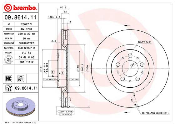 BREMBO brzdový kotúč 09.8614.11, súprava 2 ks
