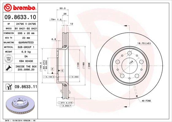 BREMBO brzdový kotúč 09.8633.11, súprava 2 ks