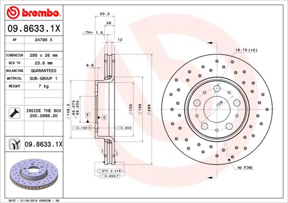 BREMBO brzdový kotúč 09.8633.1X, súprava 2 ks