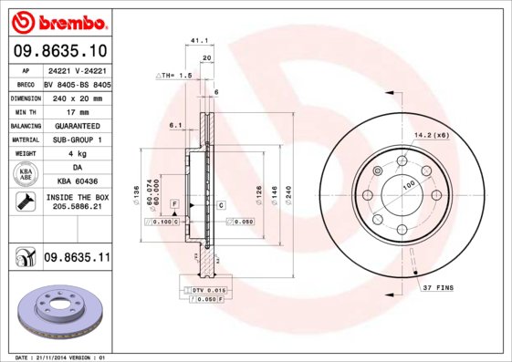BREMBO brzdový kotúč 09.8635.11, súprava 2 ks